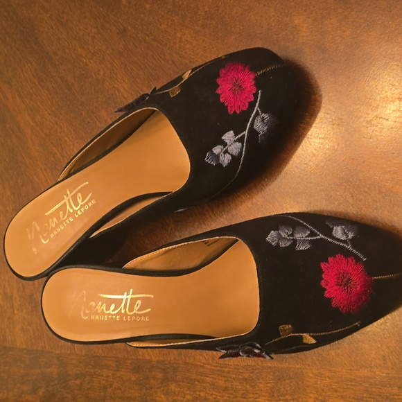 Nanette Lepore Shoes - Nanette Lepore Peggy Leather Suede Floral Embroidered Butterfly Mule Heels 8